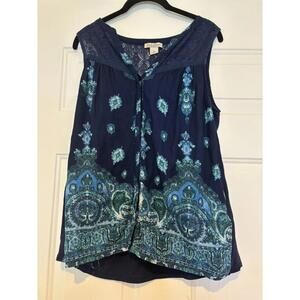 Lucky Brand sz M Lace top tank navy floral spring/summer boho blouse #1894